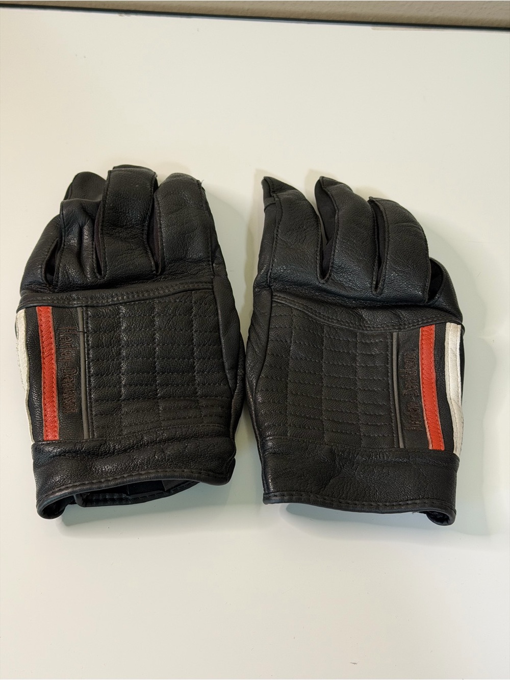 Harley-Davidson Black Leather Riding Gloves with Orange & White Stripes